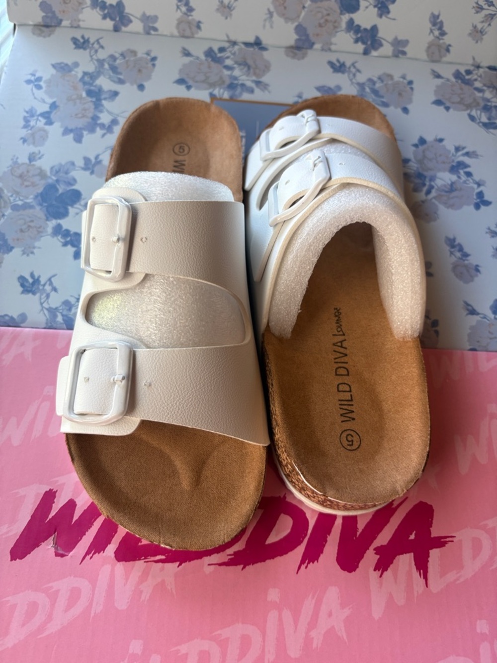Wild Diva Ivory Double-Buckle Slide Sandals